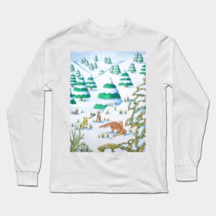 cute fox and rabbits snow scene for christmas Long Sleeve T-Shirt